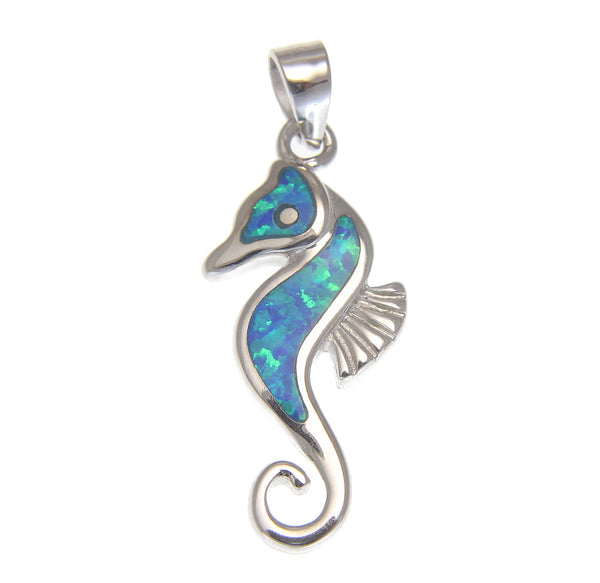 925 Sterling Silver Rhodium Hawaiian Seahorse Blue Opal Pendant Charm