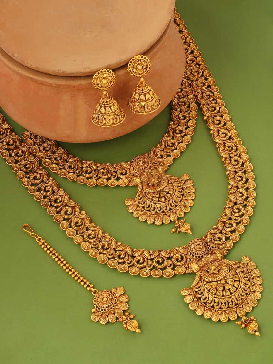 Traditional Gold Plated Long and Short Necklace Set