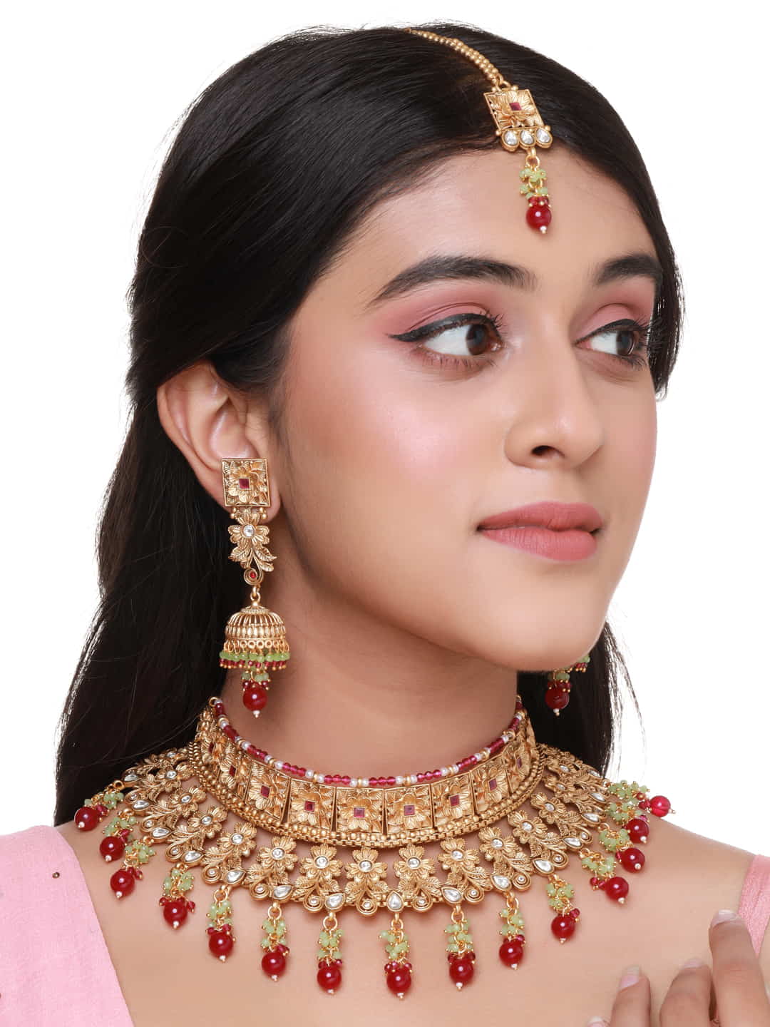 Gold Plated Bridal Jewellery Set with Red Stone