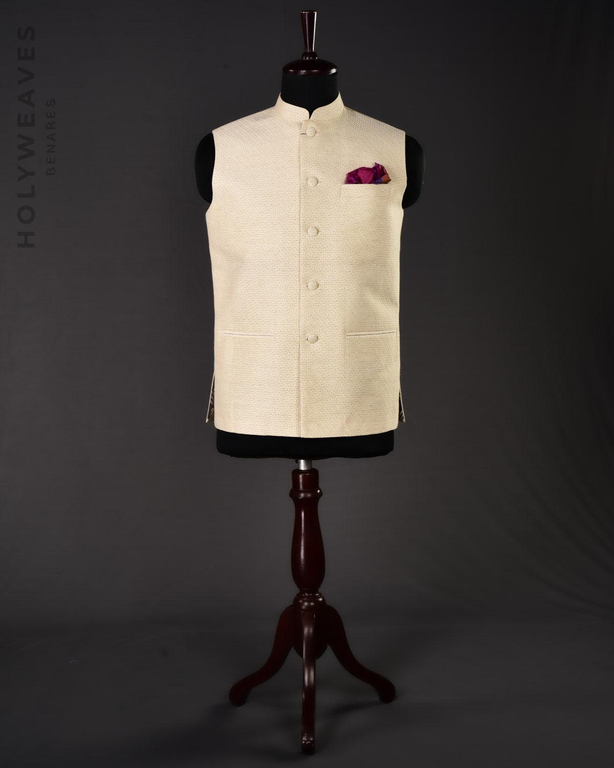 Cream Banarasi Resham Brocade Handwoven Noile Silk Mens Modi Jacket