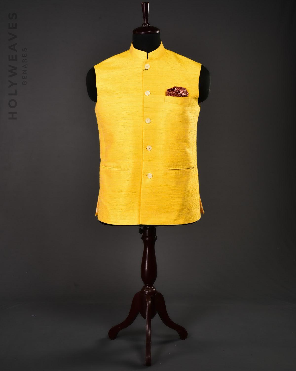 Yellow Banarasi Textured Handwoven Raw Silk Mens Modi Jacket