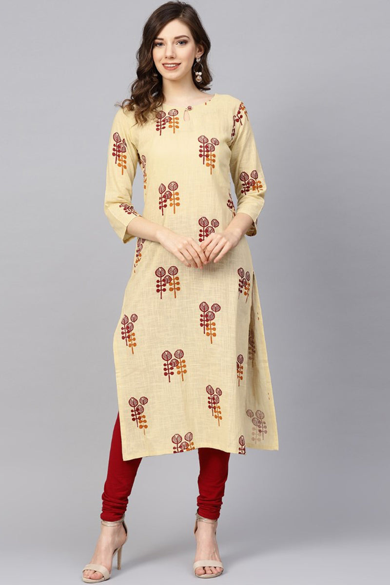 Ahika Women Regular Wear Printed Beige Color Simple Kurti