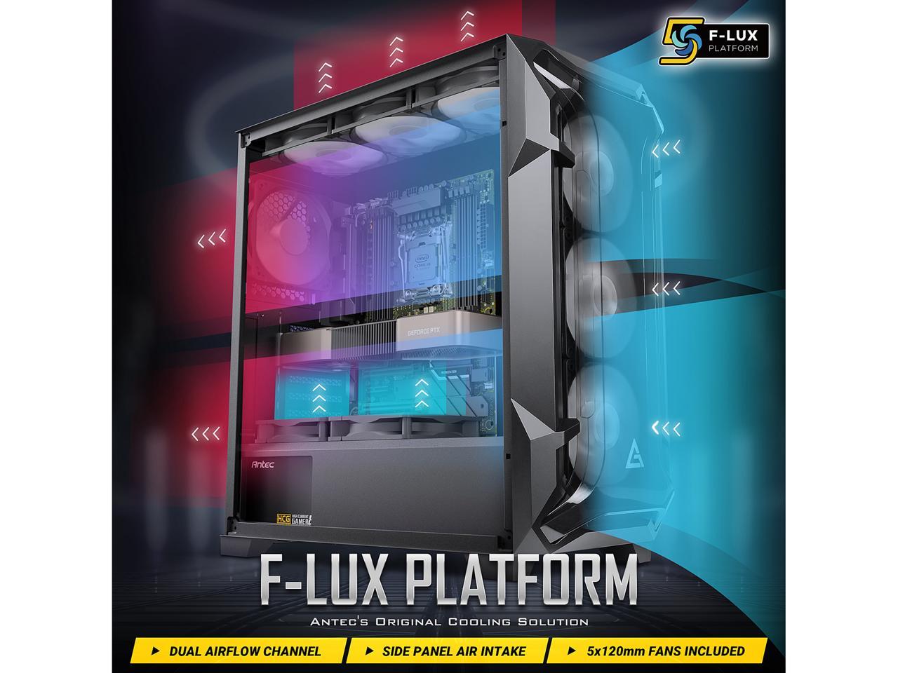 Antec Dark League DF600 FLUX, Mid-Tower ATX Gaming Case, FLUX Platform, 5 x 120mm Fans Included, ARGB & PWM Fan Controller, Tempered Glass Side Panel, 2 x USB3.0, High-End GPU Support