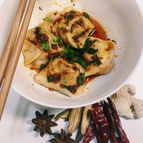 Chicken Cilantro Wontons with Szechuan Red Chili Oil