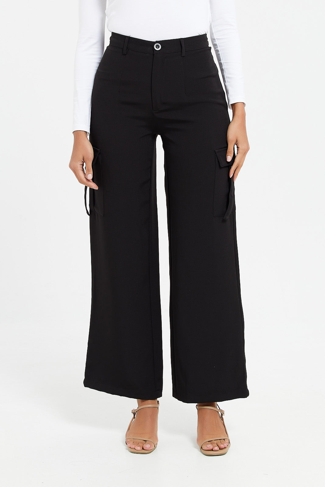 

Women Black Wide Leg Cargo Trousers