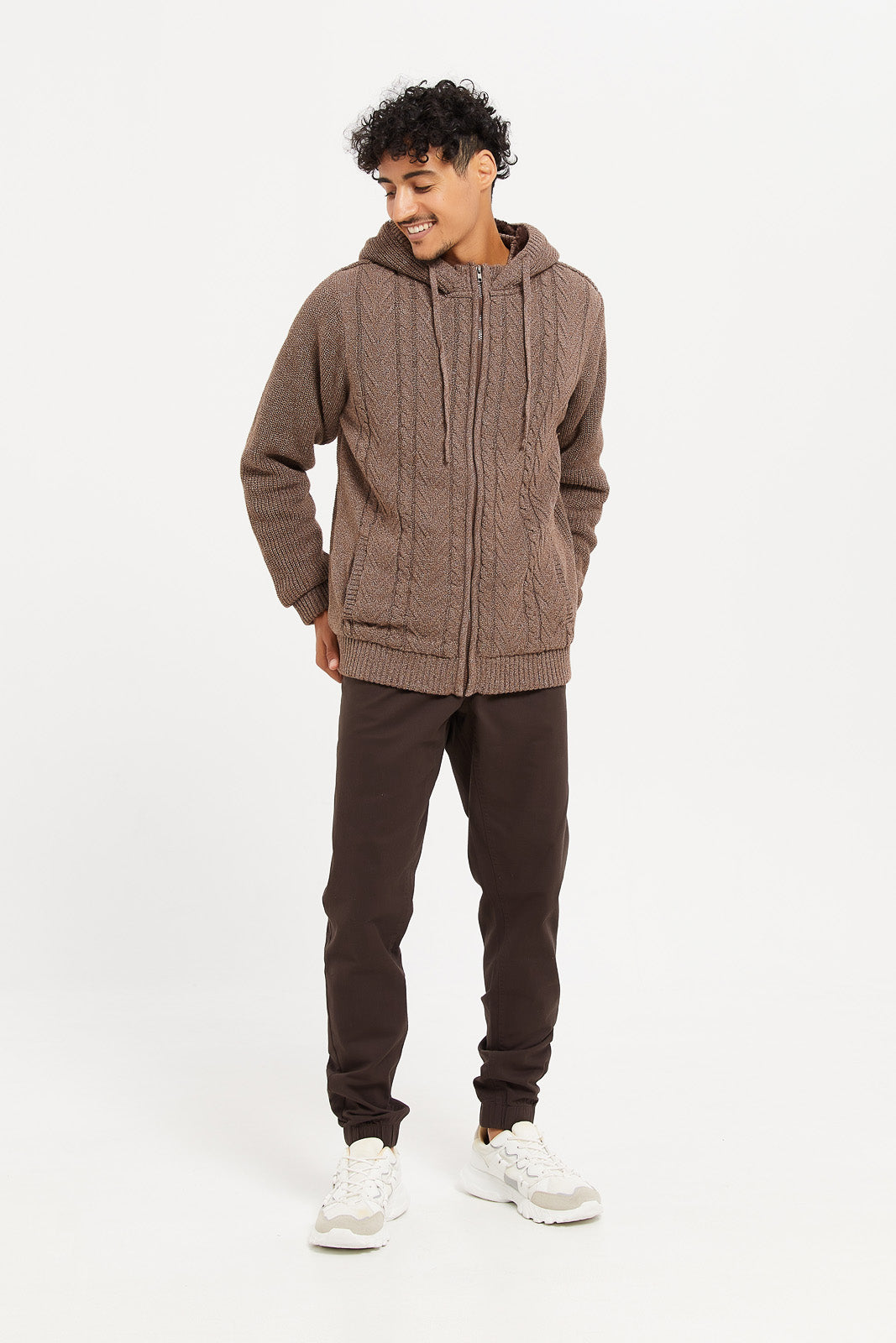 

Men Brown Knitted Zip Thru Hooded Pullover