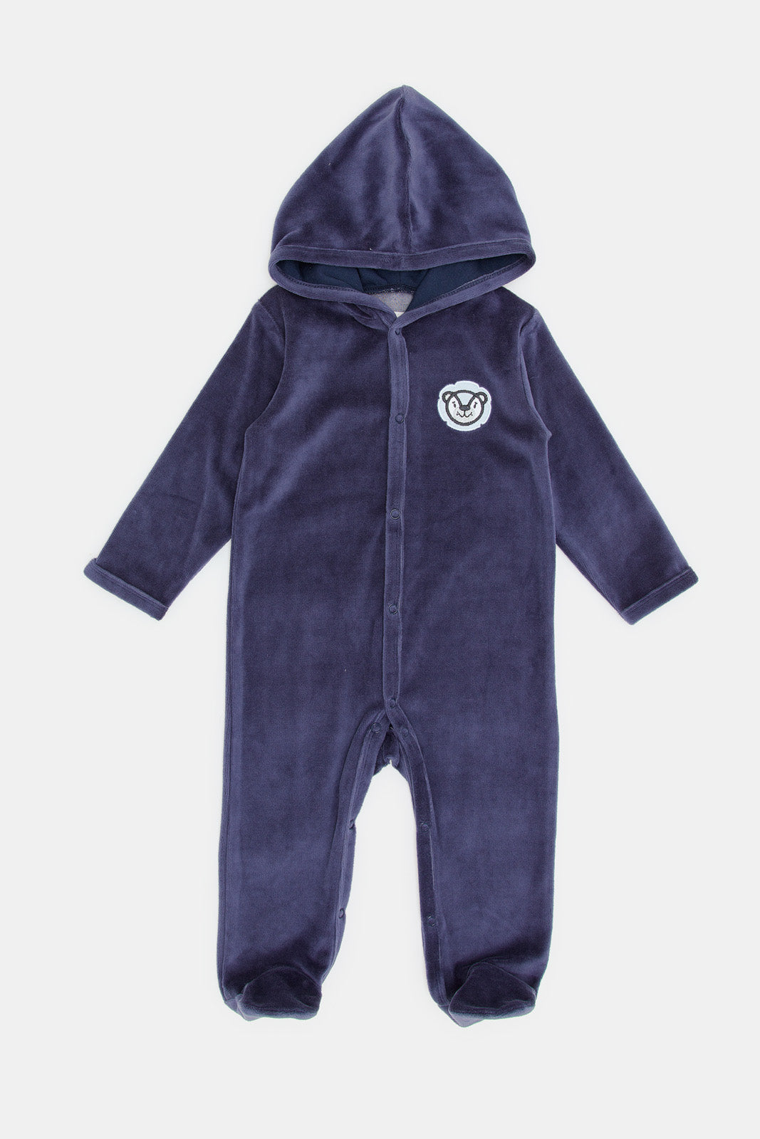 

Babies Navy Embroidered Velour Hooded Sleepsuit