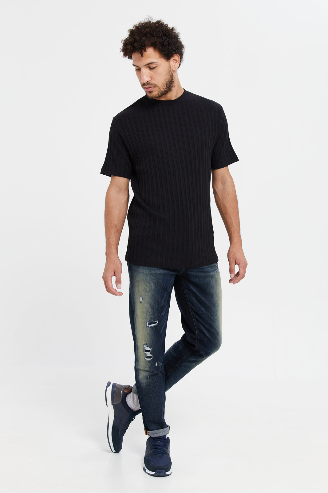 

Men Black Jacquard Knit T-Shirt