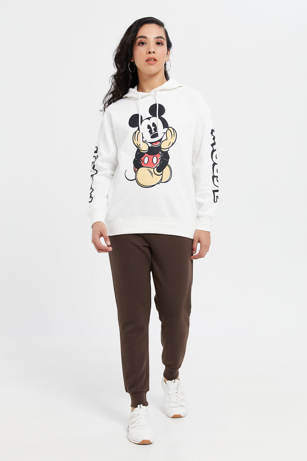 

Women Cream Minnie Print Hooded Sweatshirt