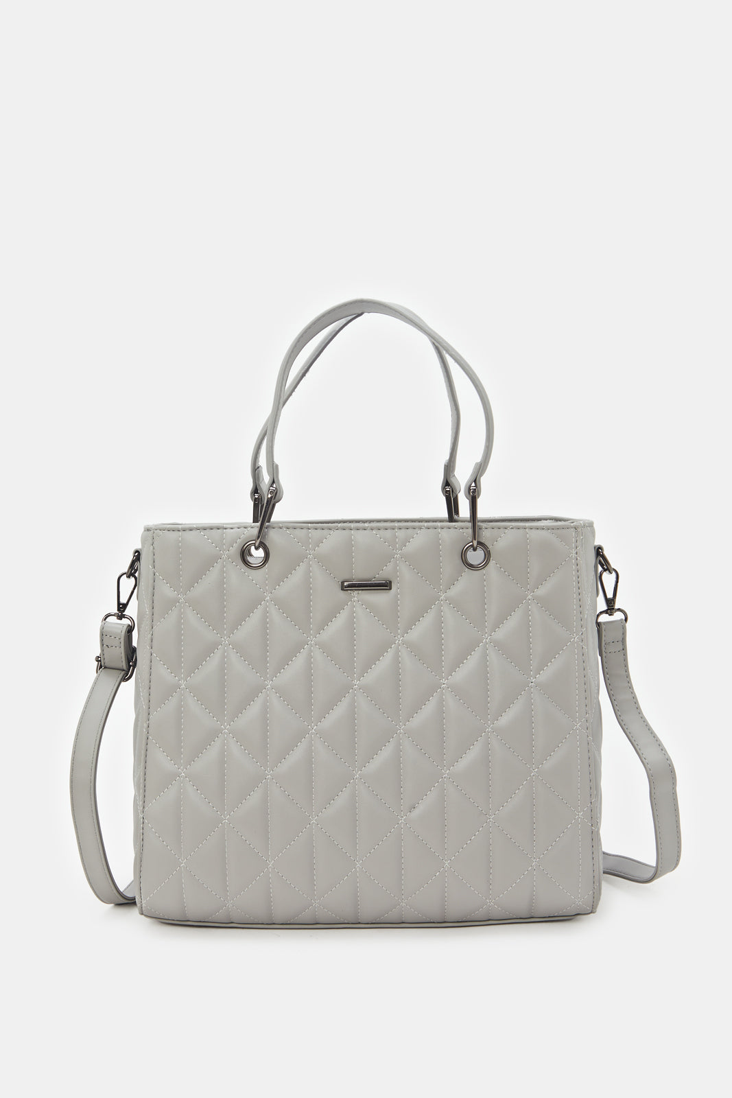

Women Grey Quilted Embellished Tote Bag