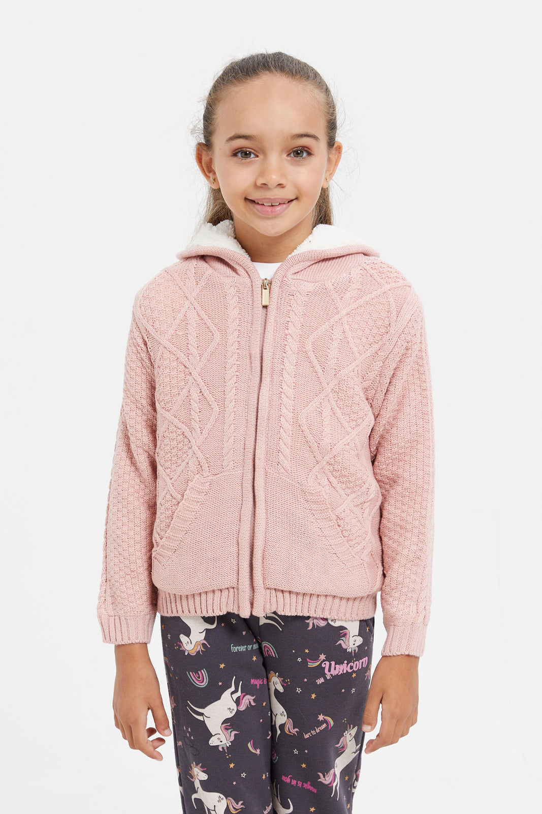 

Girls Pink Knitted Zip Front Cardigan