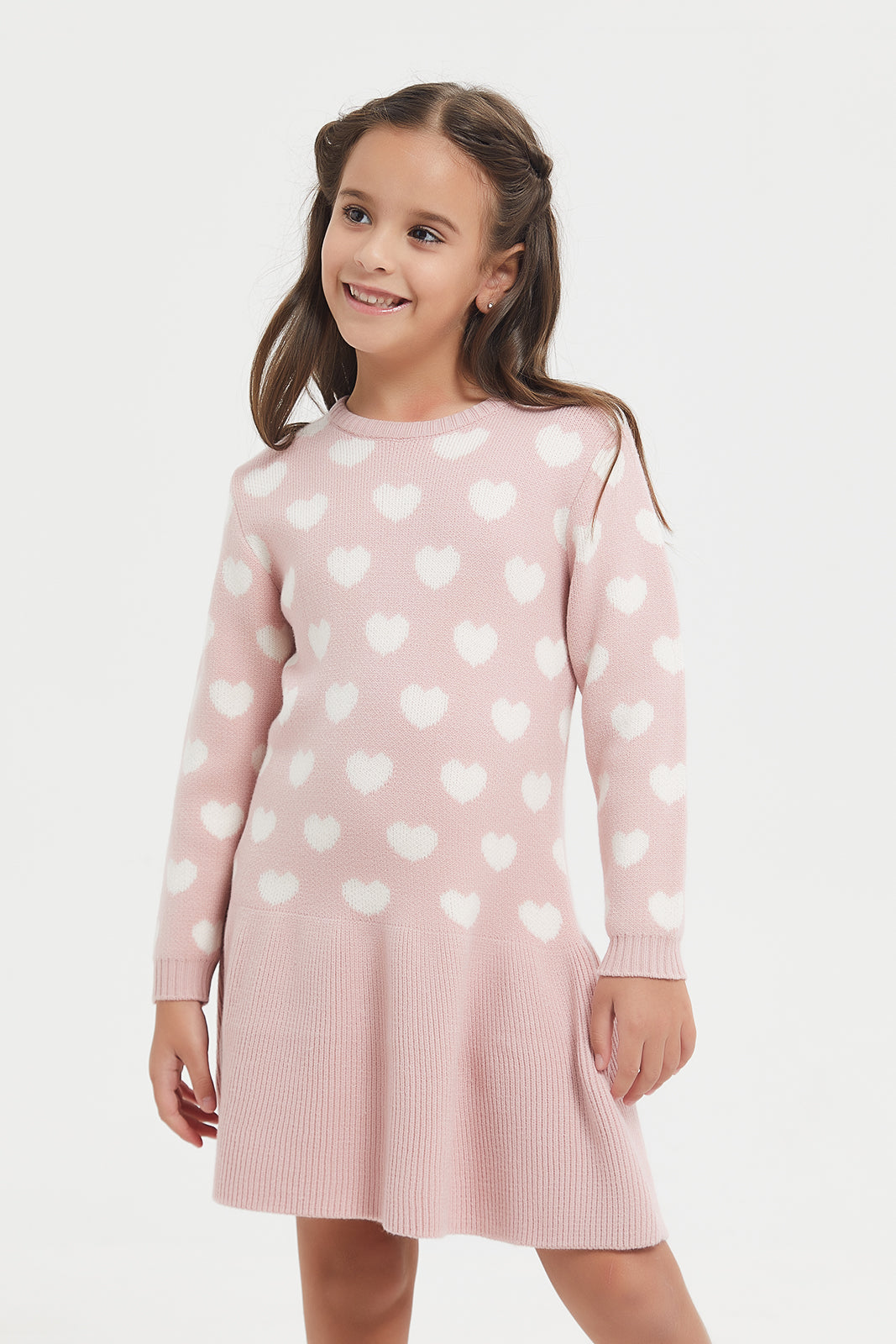 

Girls Pink Heart Print Sweater Dress