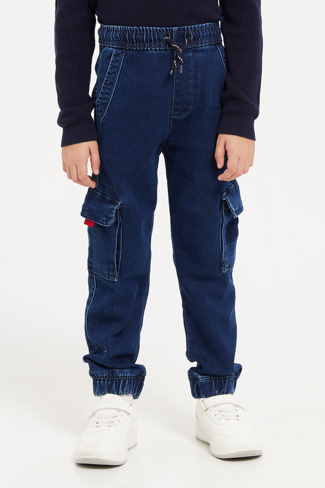 

Boys Navy Wash Cargo Pocket Knit Denim Joggers