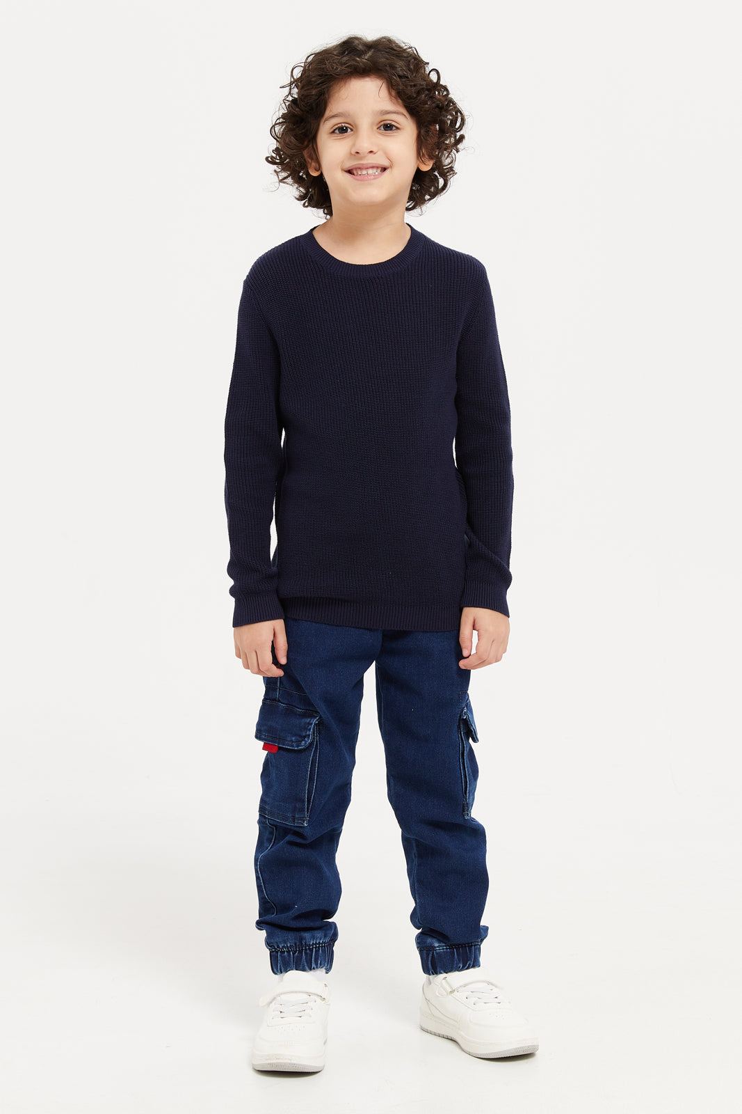 

Boys Navy Wash Cargo Pocket Knit Denim Joggers