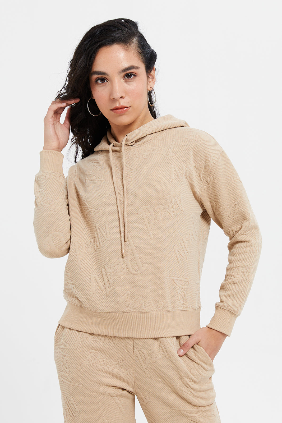 

Women Brown Jacquard Long Sleeve Hooded Sweatshirt