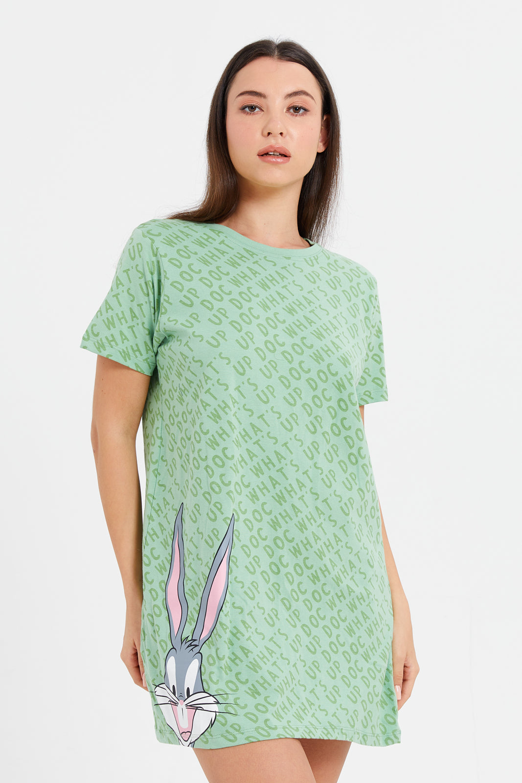 

Women Green Printed Short Sleeves Character Night Dress