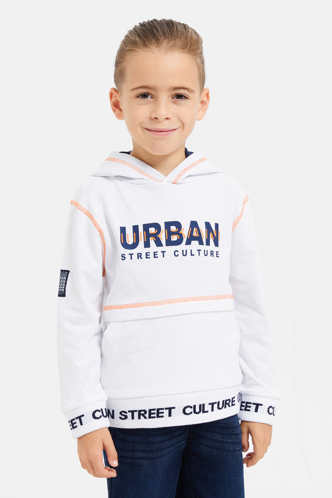 

Boys White Hooded Urban Print Sweatshirt