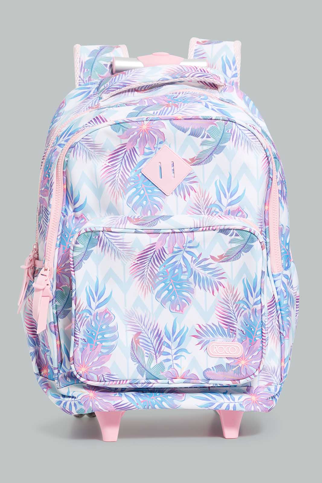 

Pink And White Leaf Print Trolley Bag With Pencil Case (2 Piece)