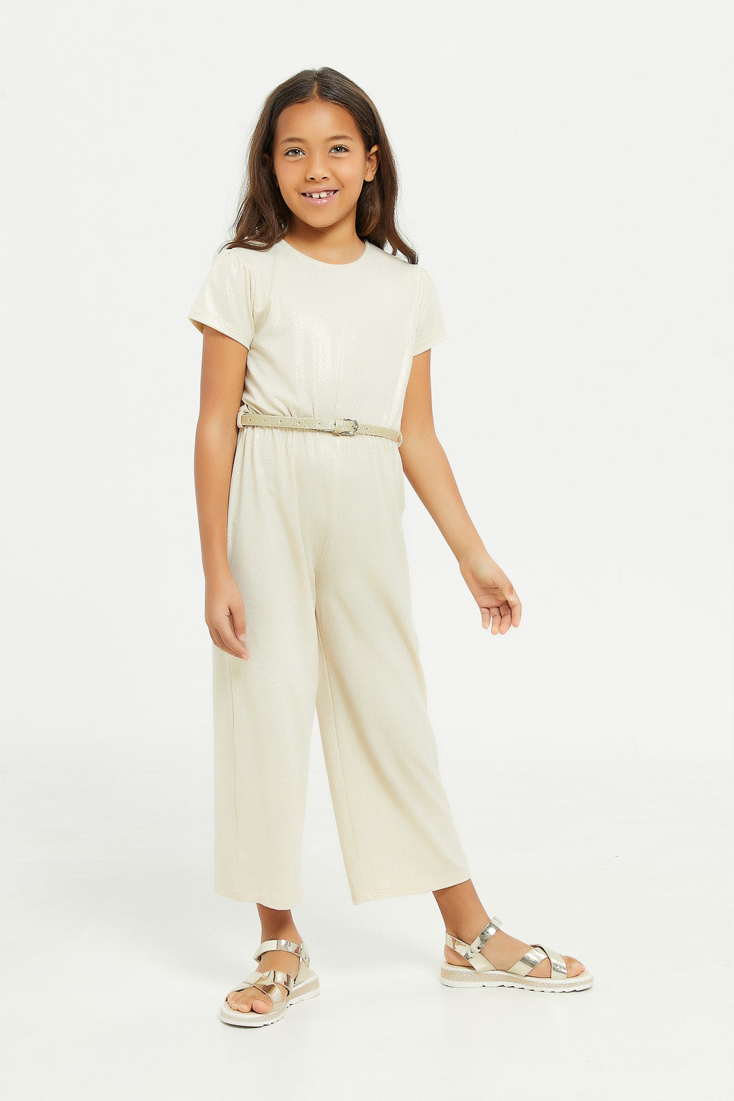 

Girls Beige Embellished Belted Jumpsuit