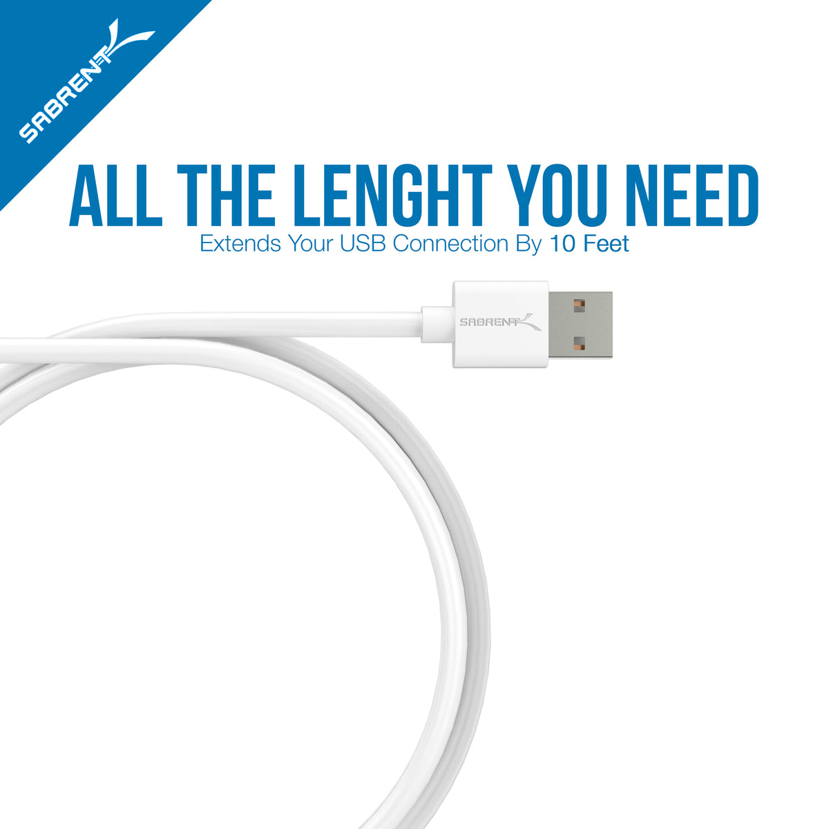 22AWG USB 2.0 Extension Cable - A-Male to A-Female [White] 10 Feet
