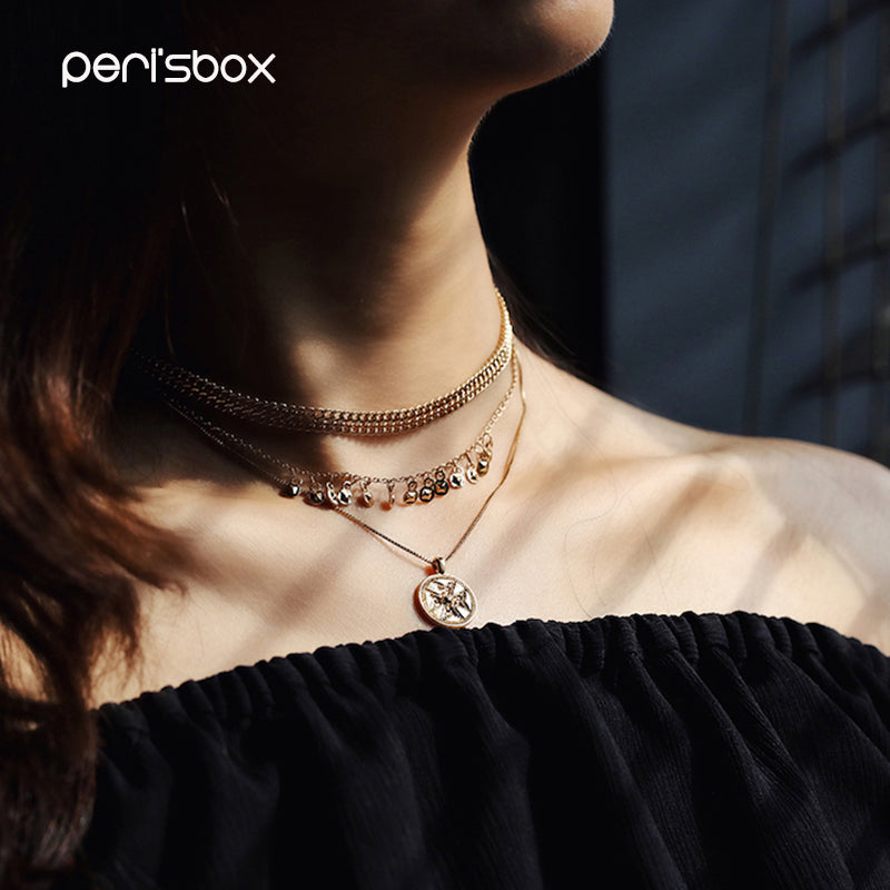 Women Jewelry Necklace Women's Bohemia Layered Choker Bar Anaglyph Coin Charm Pendant Delicate Station Chain Necklaces Color : Gold 