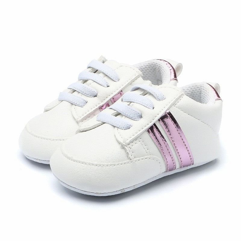 positie onderbreken heden Ellis Baby Shoes in White with Metallic Pink Stripes – Baby First Factory