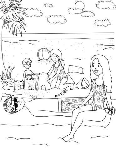 family at the beach coloring page