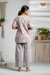 Blue And Pink Floral Print Cotton Night Wear Set For Women