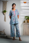 Blue With Red floral Cotton Night Wear Set For Women