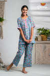 Blue With Red floral Cotton Night Wear Set For Women