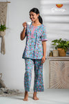 Blue With Red floral Cotton Night Wear Set For Women