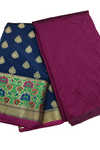 Navy Blue With Magenta Pattu Pavadai Material