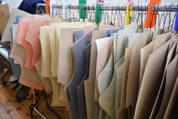 One of many pattern racks at the Aero leather Clothing factory