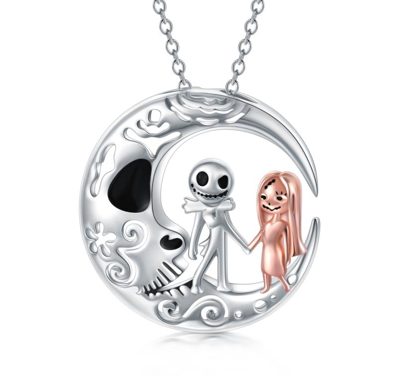 Halloween Gifts 925 Sterling Silver Jack Skellington and Sally Necklace for Women Girls