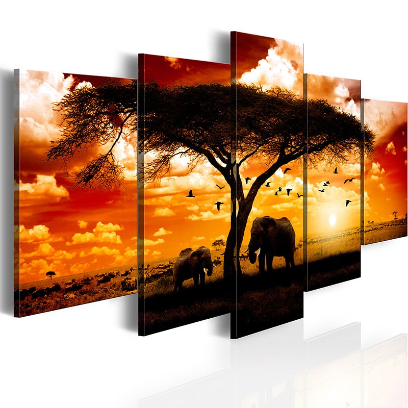 4 Piece Black White African Sunset Elephants Canvas Print 4363 130cm Wide 