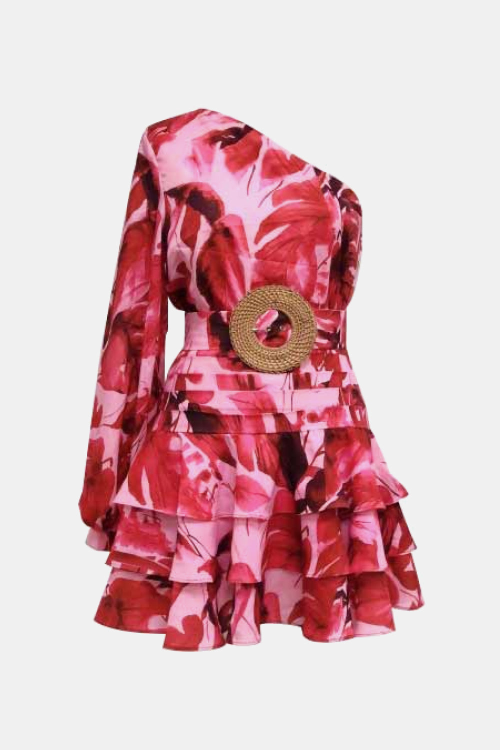 Printed One-Shoulder Layered Mini Dress