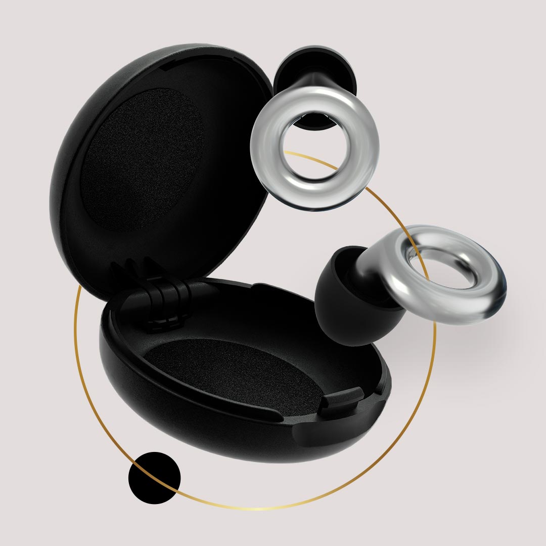 Loop Experience Silver floating over its black carry case.