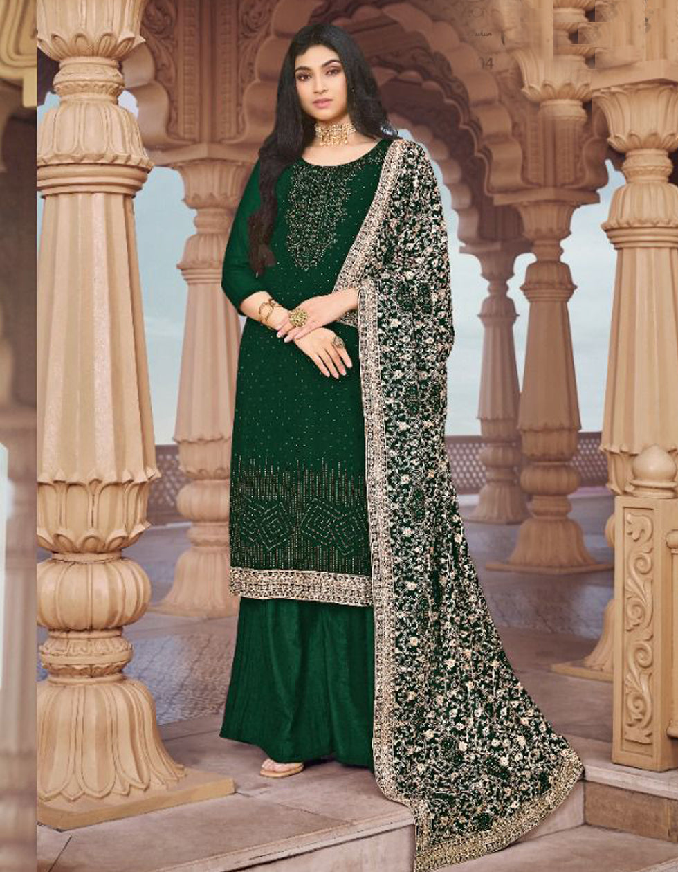 Buy Stylish Dark Green Georgette Salwar Suit With Heavy Dupatta Online