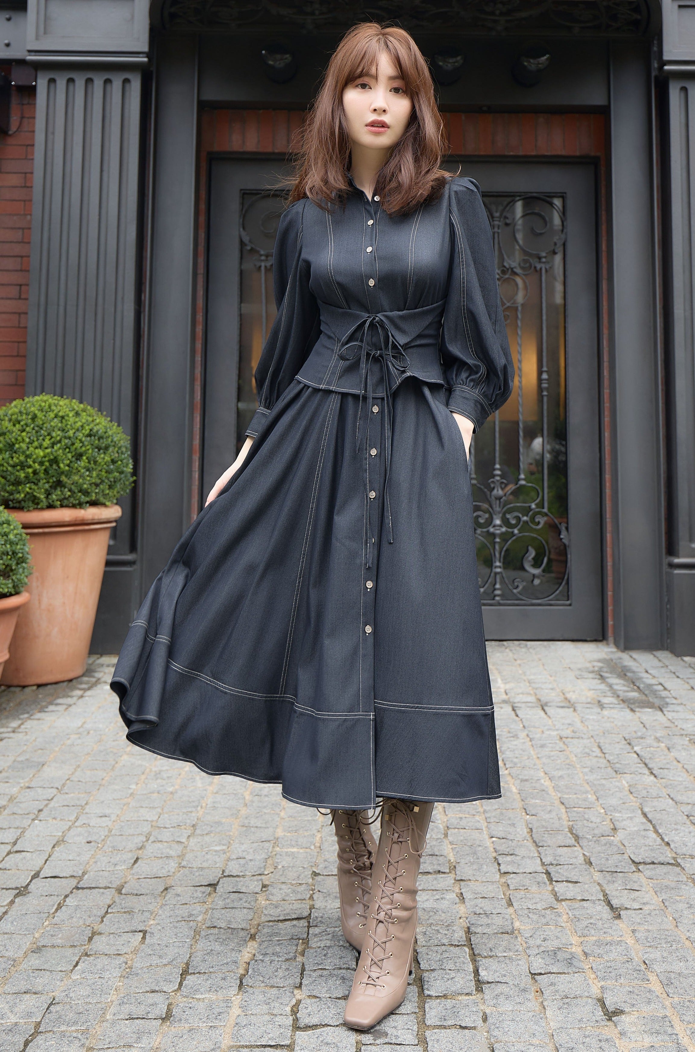 bon voyage belted long dress - ロングワンピース