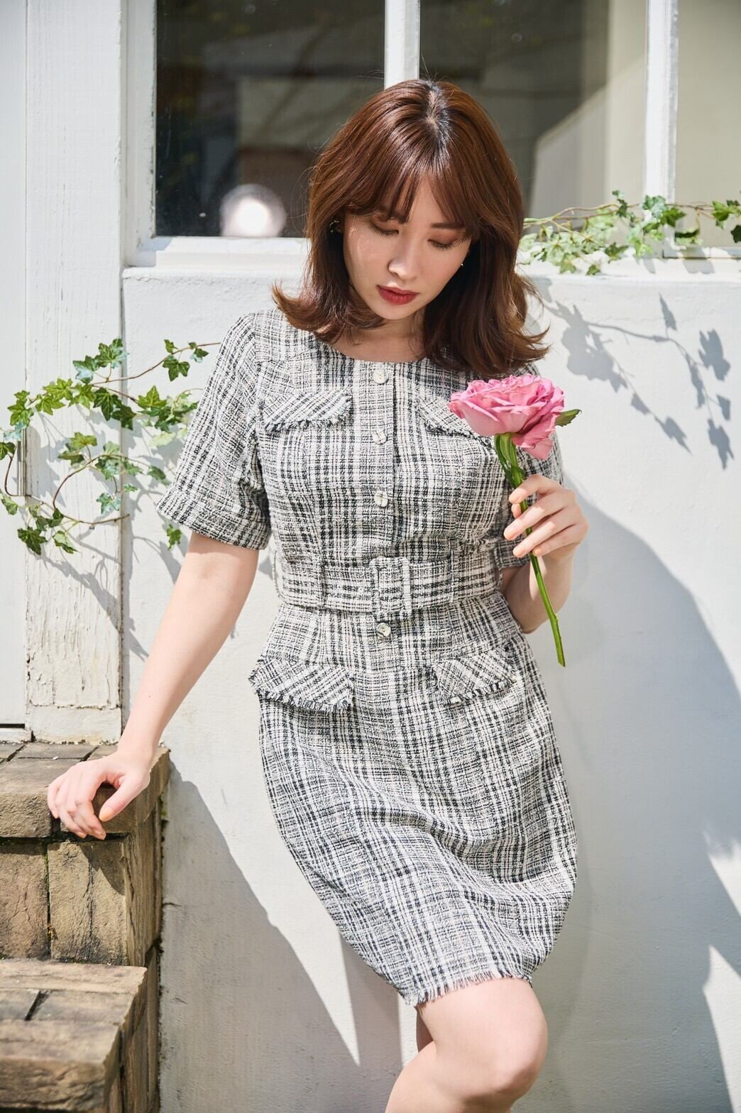 Her lip to Classic Tweed Belted Dress | vancubic.com