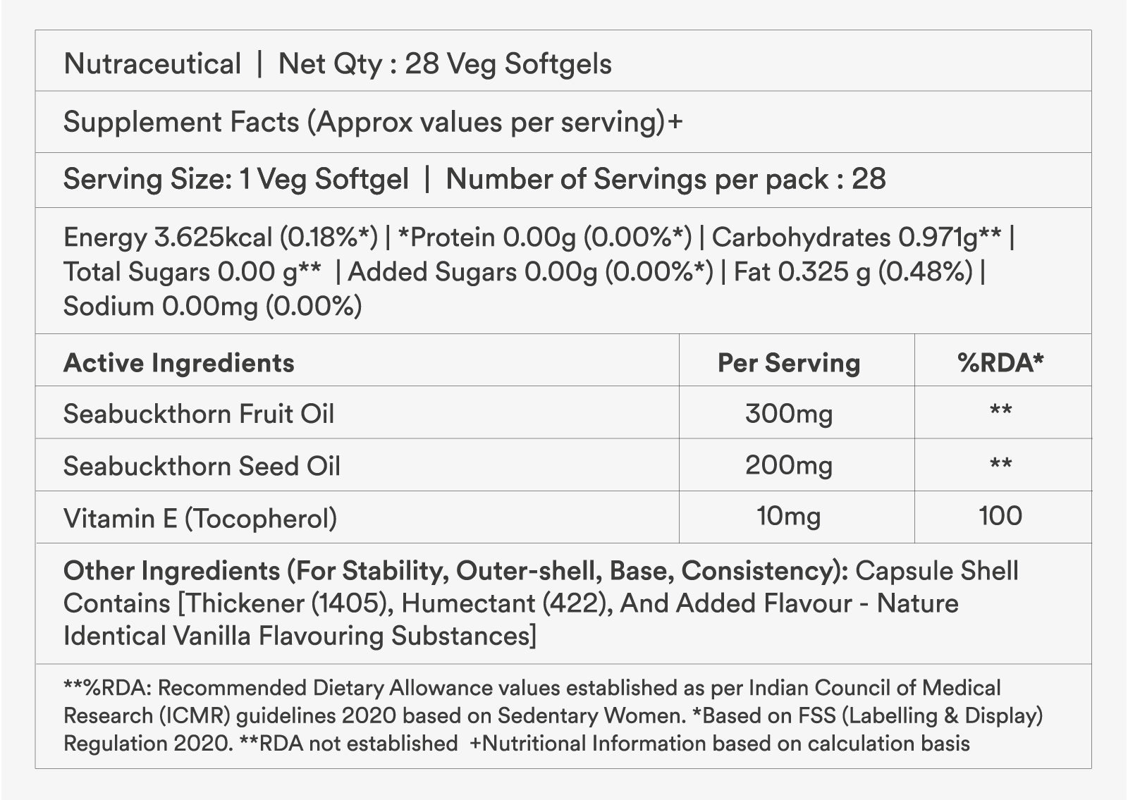 supplement facts and active ingredients table of sea buckthorn oil softgel capsule