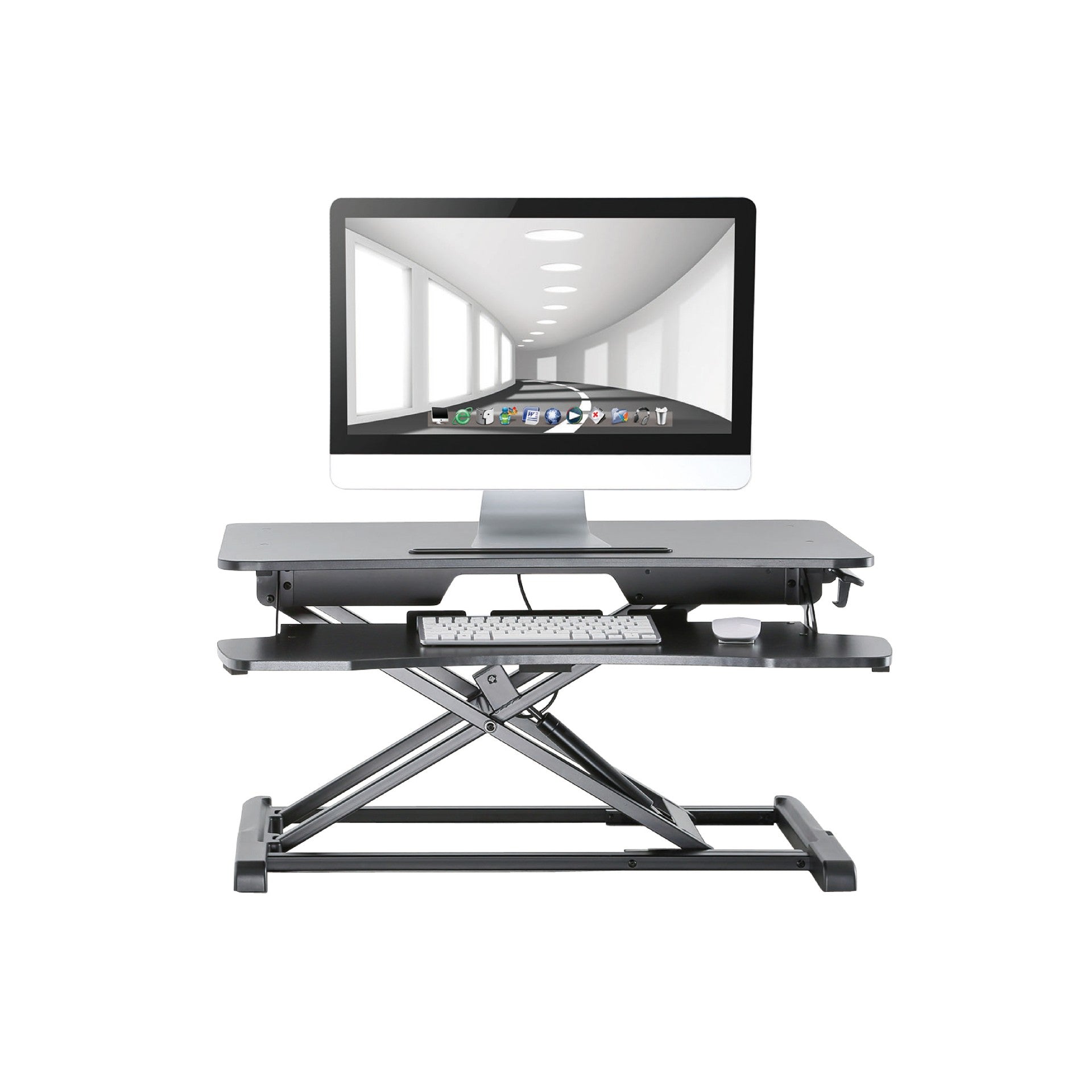 ProperAV Two Tier Height Adjustable Stand Up Desk Workstation Worktop - Black