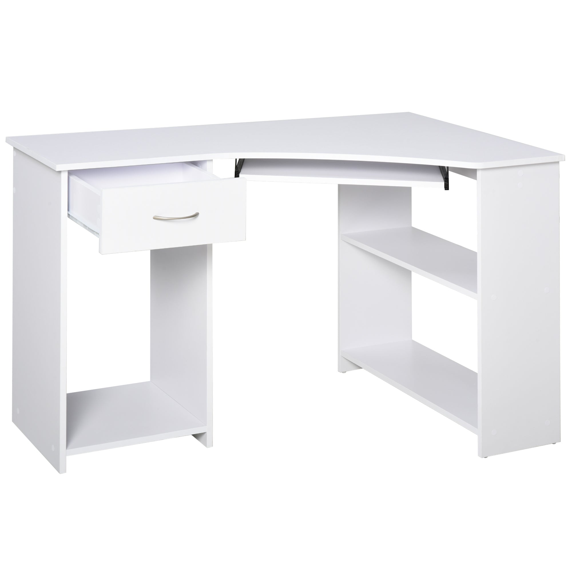 ProperAV L-Shaped Corner Computer Desk & 2-Tier Side Shelves Wide Table Top with Keyboard Tray Office Study Bedroom Furniture - White