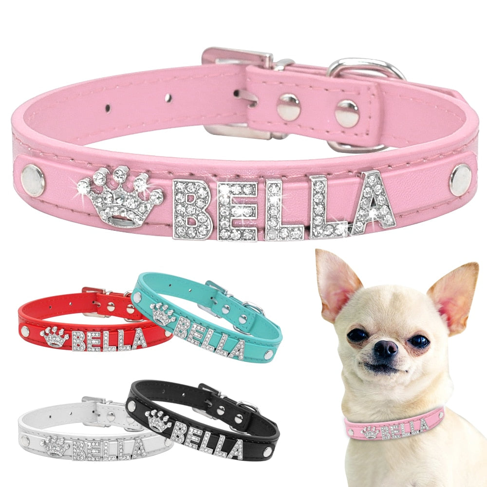 Personalized PU Leather Dog Pet Harness Free Name with Rhinestone Letters S/M/L