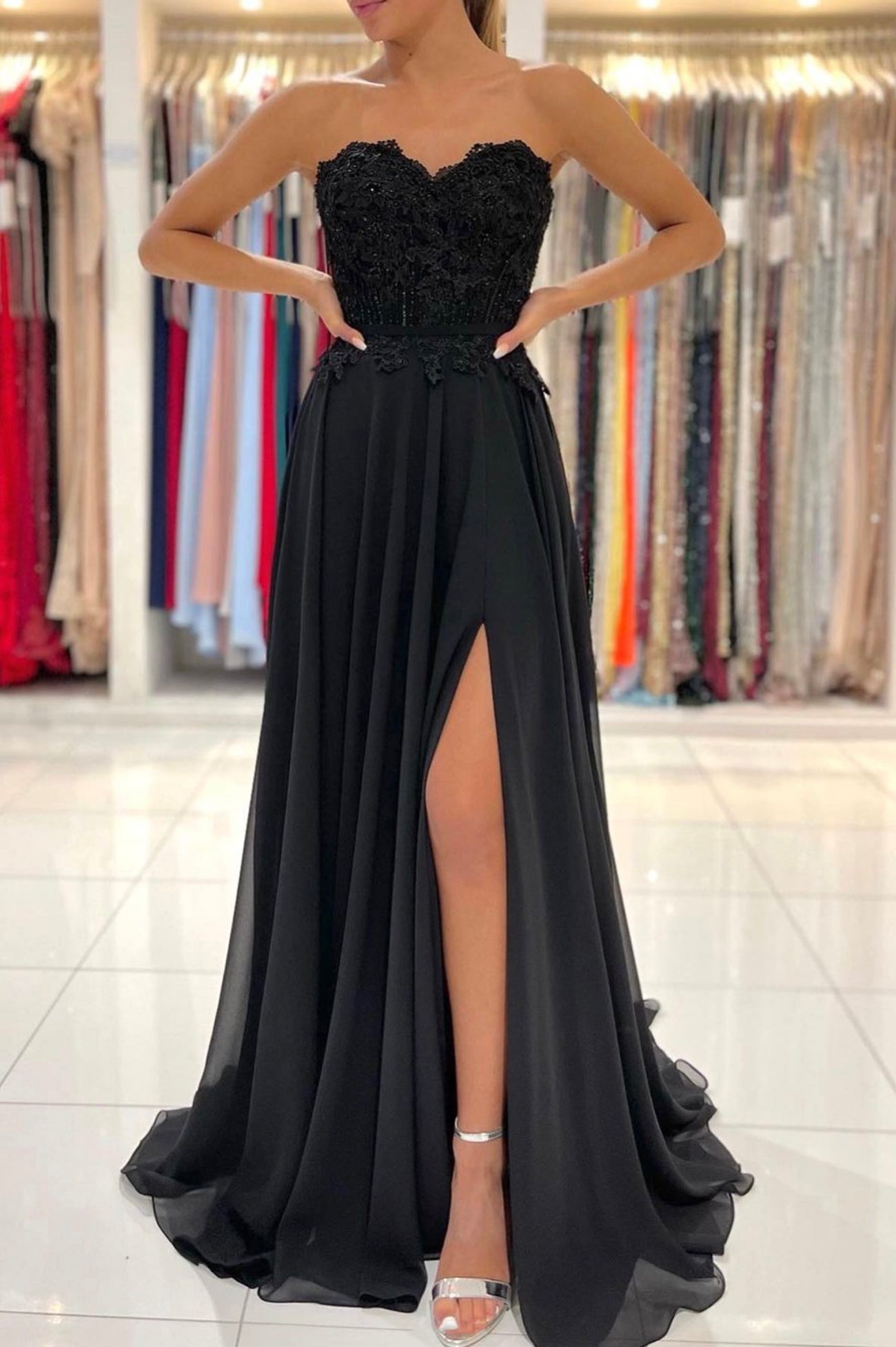 black strapless chiffon maxi dress