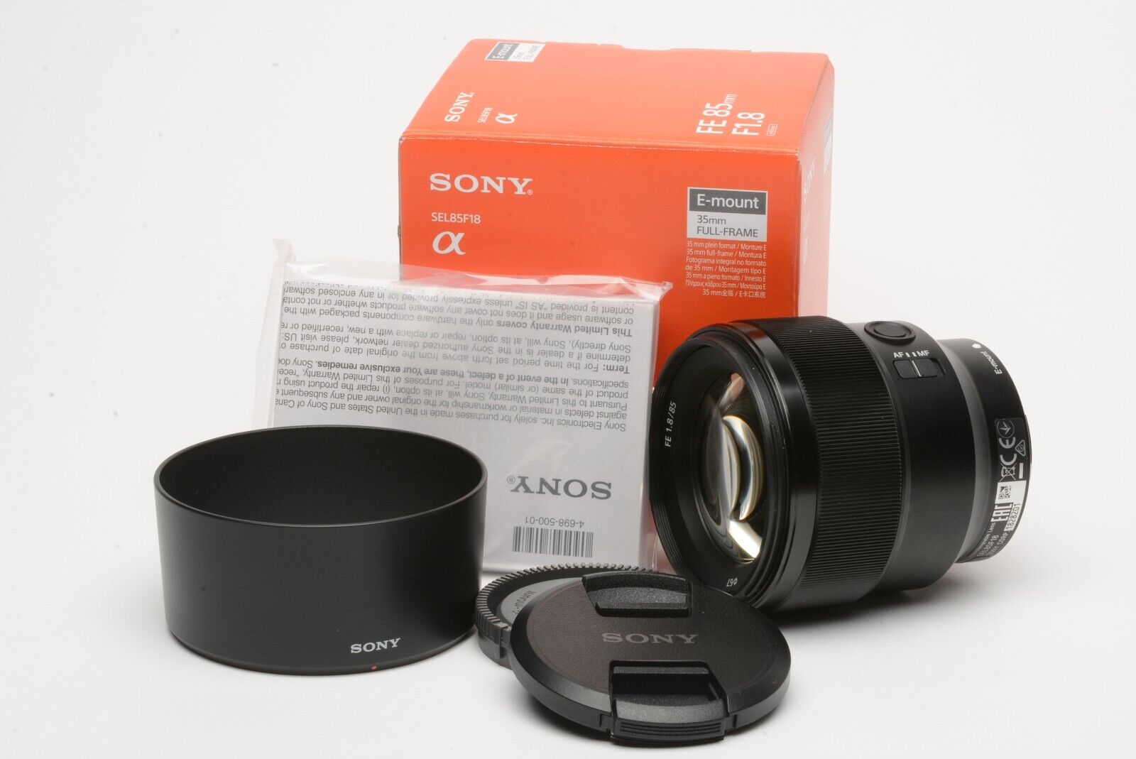 MINT- SONY FE 85mm f1.8 LENS SEL85F18, CAPS, HOOD, BOX, PAPERS, USA VERSION