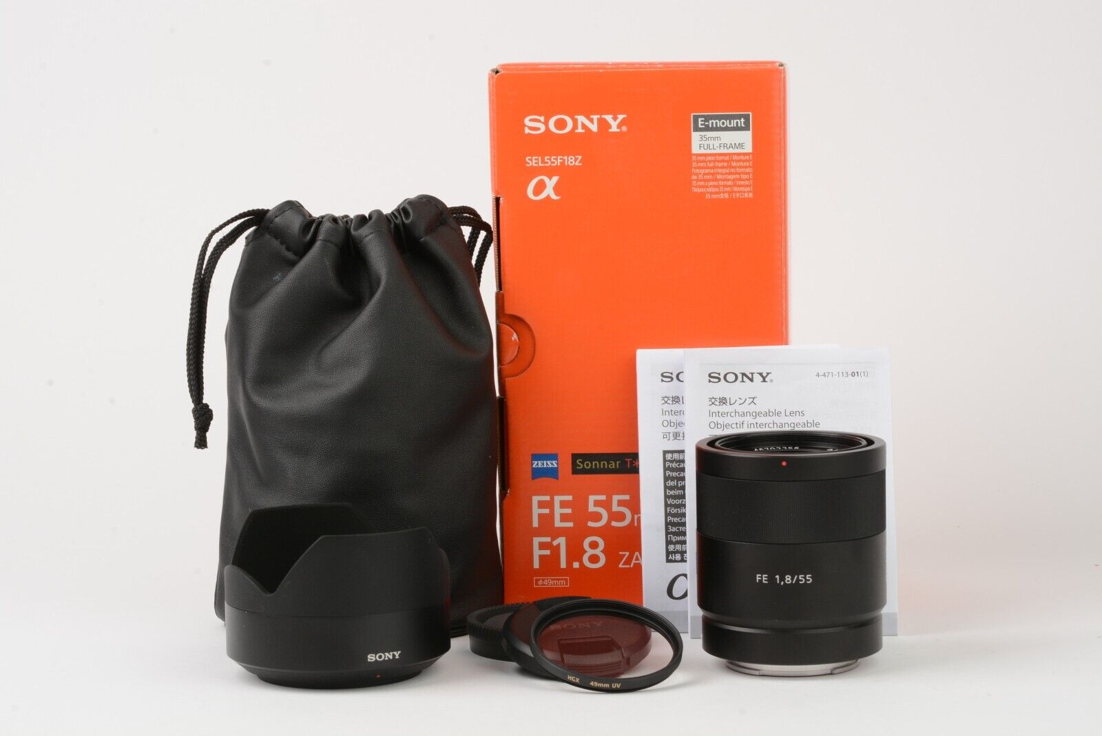 MINT SONY ZEISS SONNAR T* FE 55mm F1.8 ZA LENS, BOXED, USA, POUCH, HOOD,  CAPS