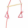 A close-up view of the trapeze bar's pink triangular grips on a wooden support