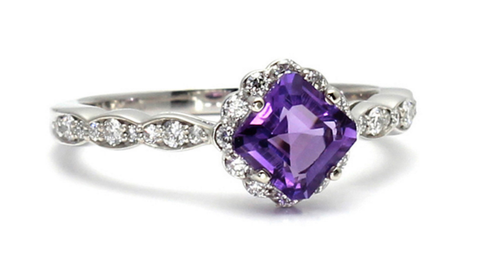 Asscher Amethyst Halo Ring Rare Earth Jewelry