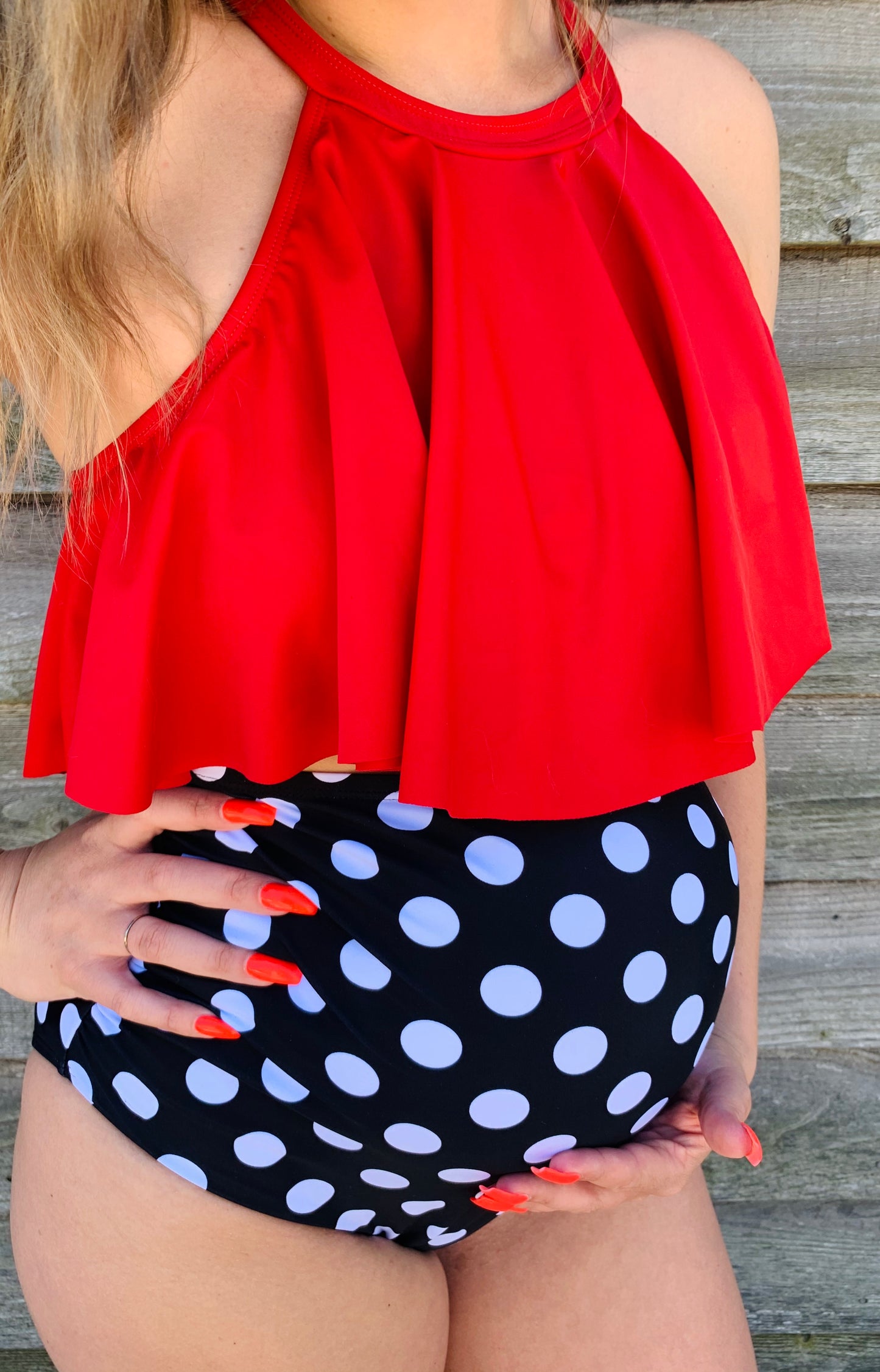 Maternity Red & Black-White Polka Dot High Waist Swimsuit - She & The Stork